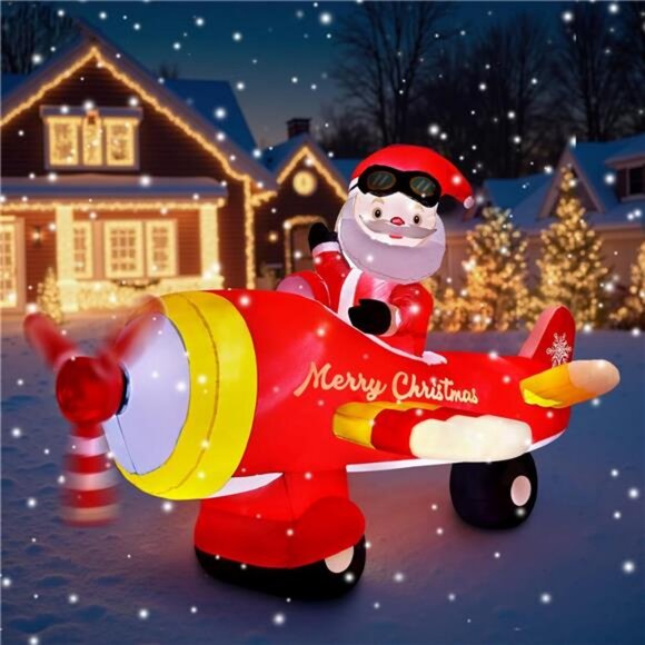 8 FT Christmas Inflatable DecorationsSanta Claus on Flying Animated Airplane